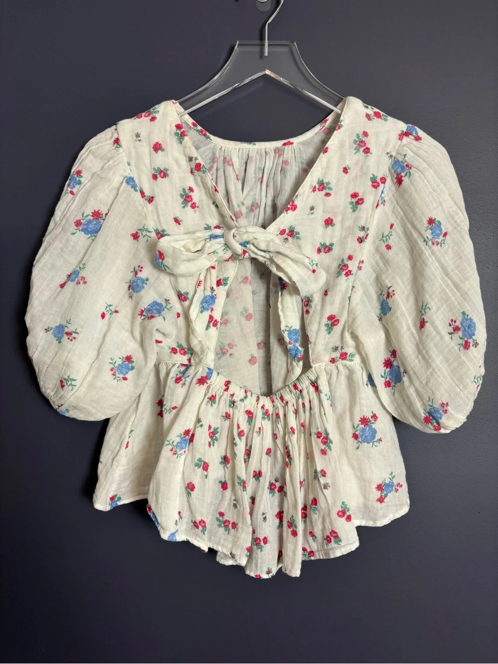 Free People Chloe Floral Print Gauzy Cotton Top Blouse XS Puff Sleeve Cottage